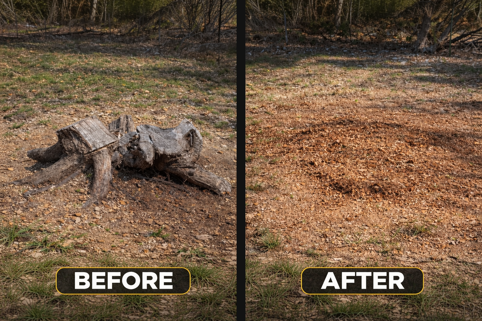Before and after stump removal comparison showing a cleaned-up yard